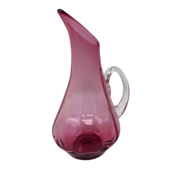 R. Foster Pink Blown Stretch Swung Glass Pitcher Handle Vase Home Decor Signed - Picture 1 of 10